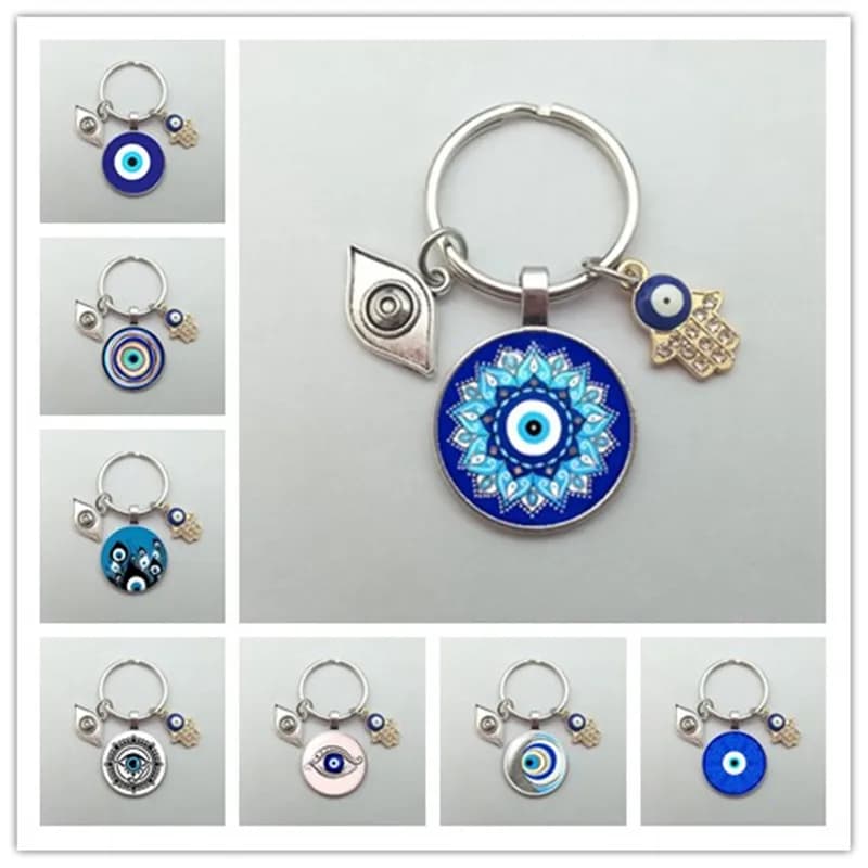 Porte-Clés Rond en Verre avec Photo Religieuse, Pendentif Mauvais Œil Bleu, Grands Cils, Bijoux Cadeau