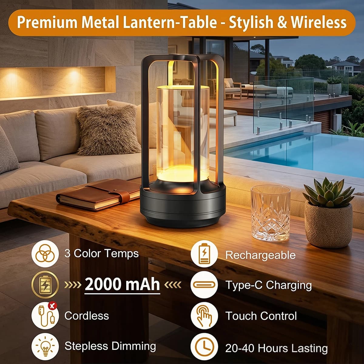 Lampe de table sans fil rechargeable 2000 mAh à LED, style lampe de bureau, lumière d'ambiance pour le camping, lampe de chevet créative pour restaurant