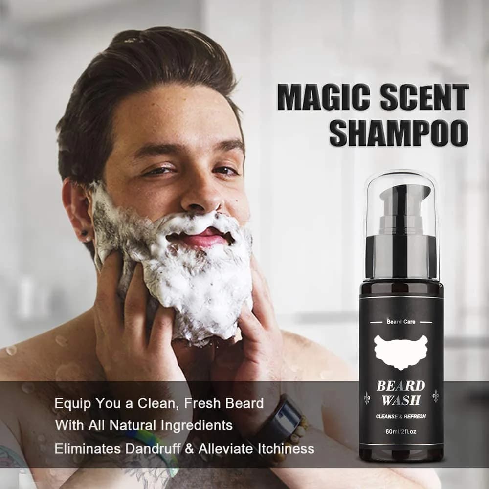 Ensemble complet de soins pour barbe homme 9 pièces : peigne à barbe, baume, peigne double face avec rouleau, liquide stimulant la pousse de la barbe
