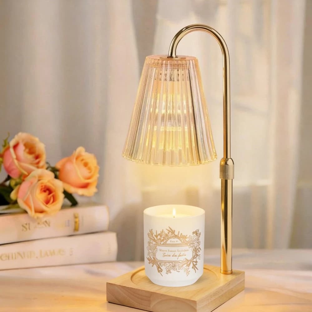 Lampe chauffe-bougie avec plateau en bois
