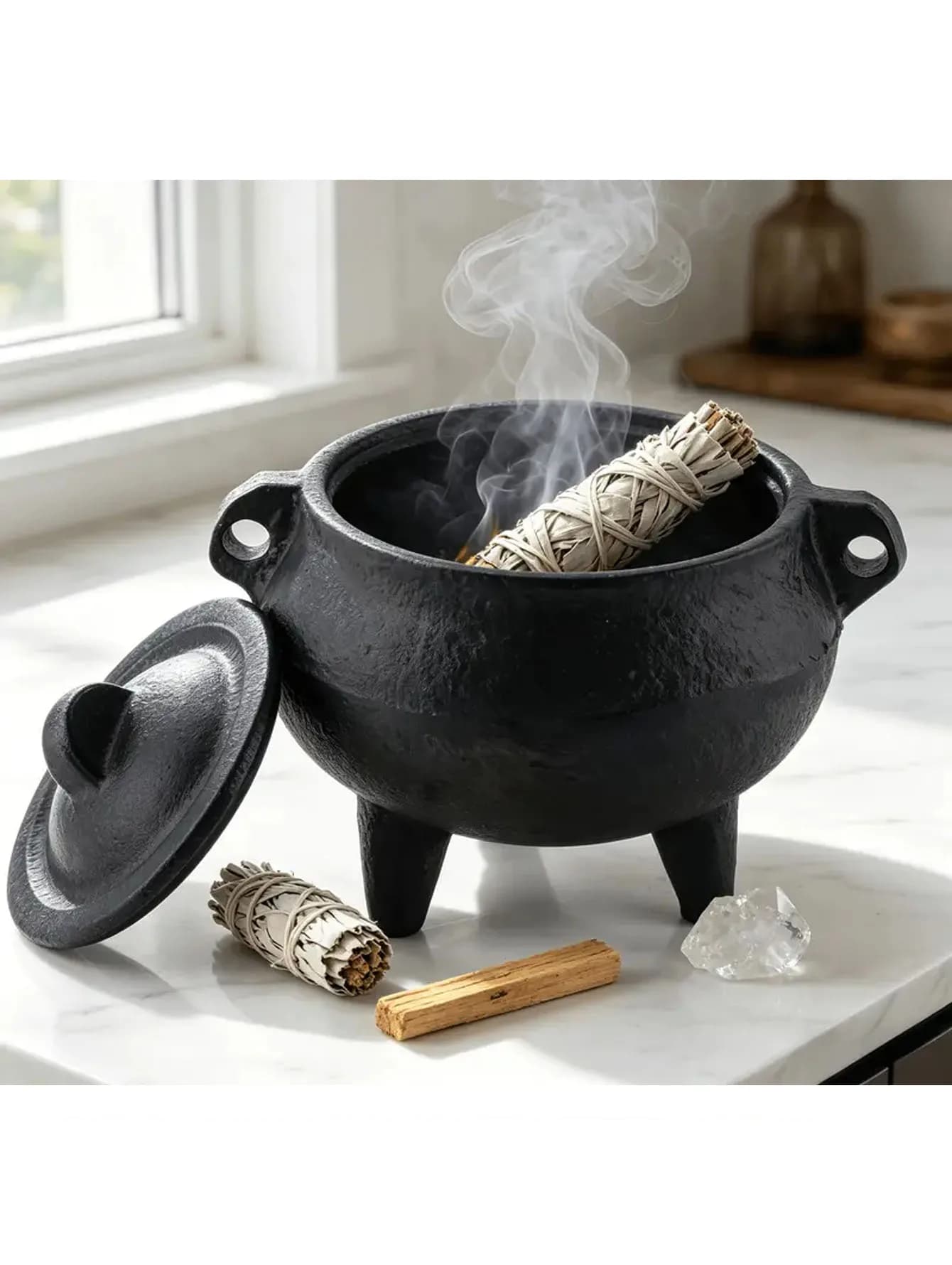 Brûleur d'encens en fonte avec couvercle, brûleur d'encens de purification pour la méditation et le yoga, ornement de décoration de bureau, porte-encens
