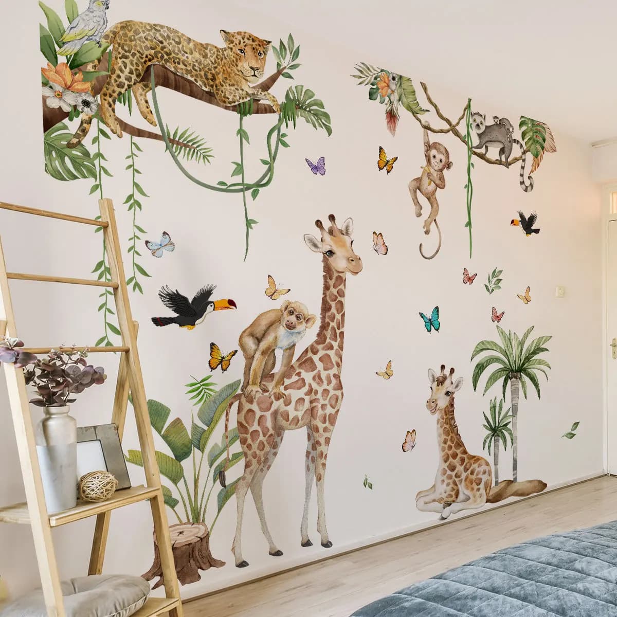 Grand autocollant mural animaux de la forêt, jungle safari girafe singe léopard, papier peint pour chambre d'enfant, décoration de chambre de bébé