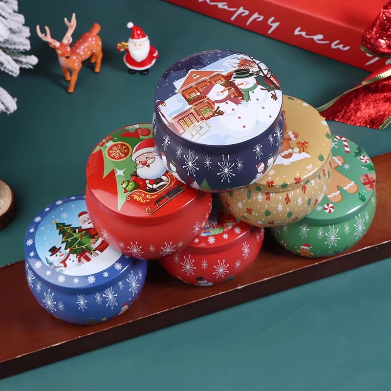 [PLUM] pots de bougies ronds en fer blanc de noël avec couvercle, conteneur de bougies, boîte vide, stockage de bonbons et de biscuits, coffret cadeau,]/