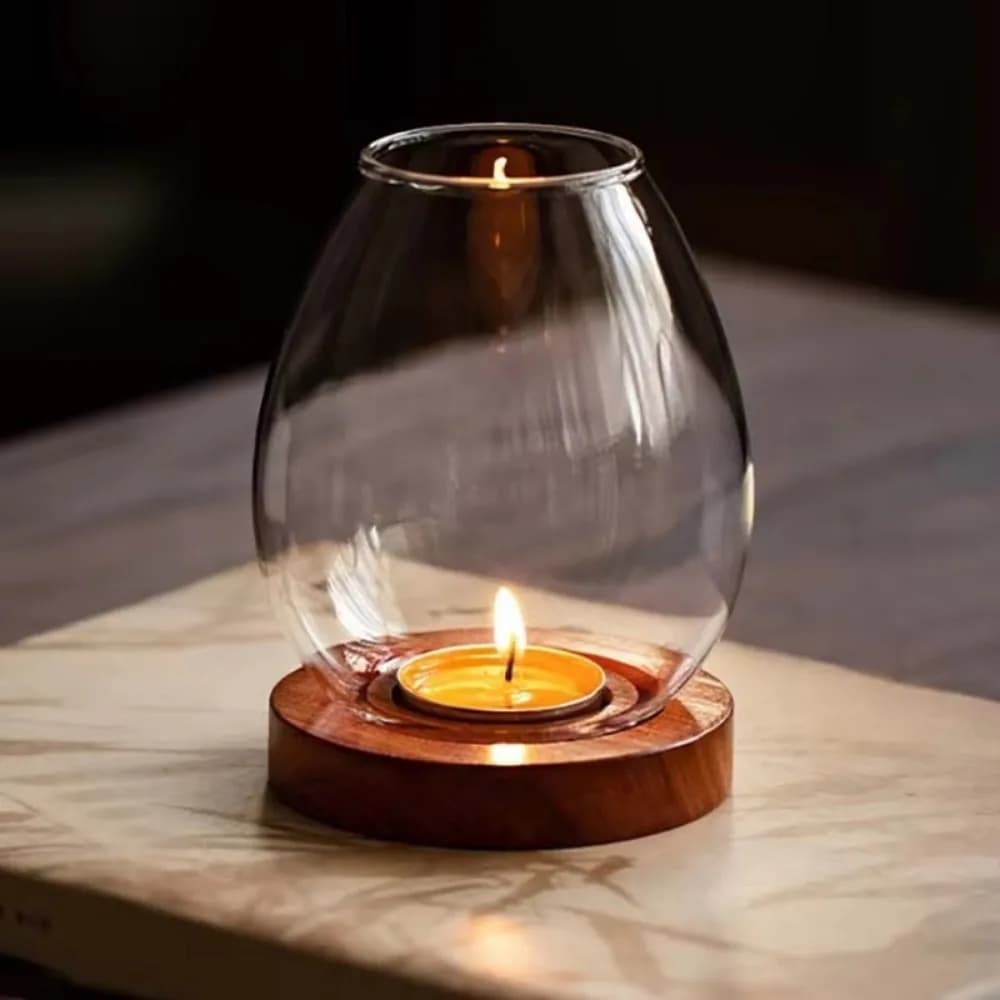 Bougeoirs en verre Transparent, bougeoir creux coupe-vent rond avec Base en bois, couvercle de tasse de bougie, décoration de Table à manger