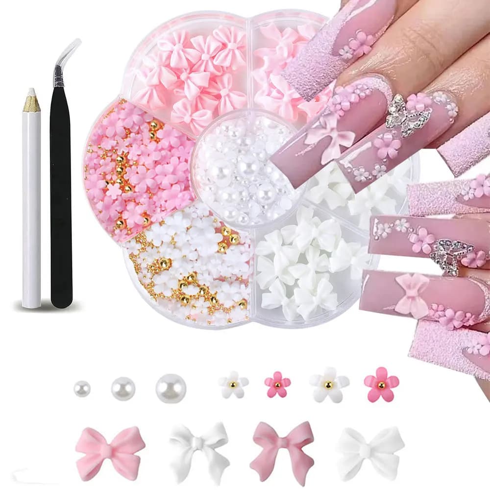 Kit de décorations pour ongles avec nœud floral 3D, 1 boîte, rose/blanc, acrylique Floral/perles de poils, breloque pour ongles avec stylo à cire/pinceur, partie pour ongles de 4/6mm