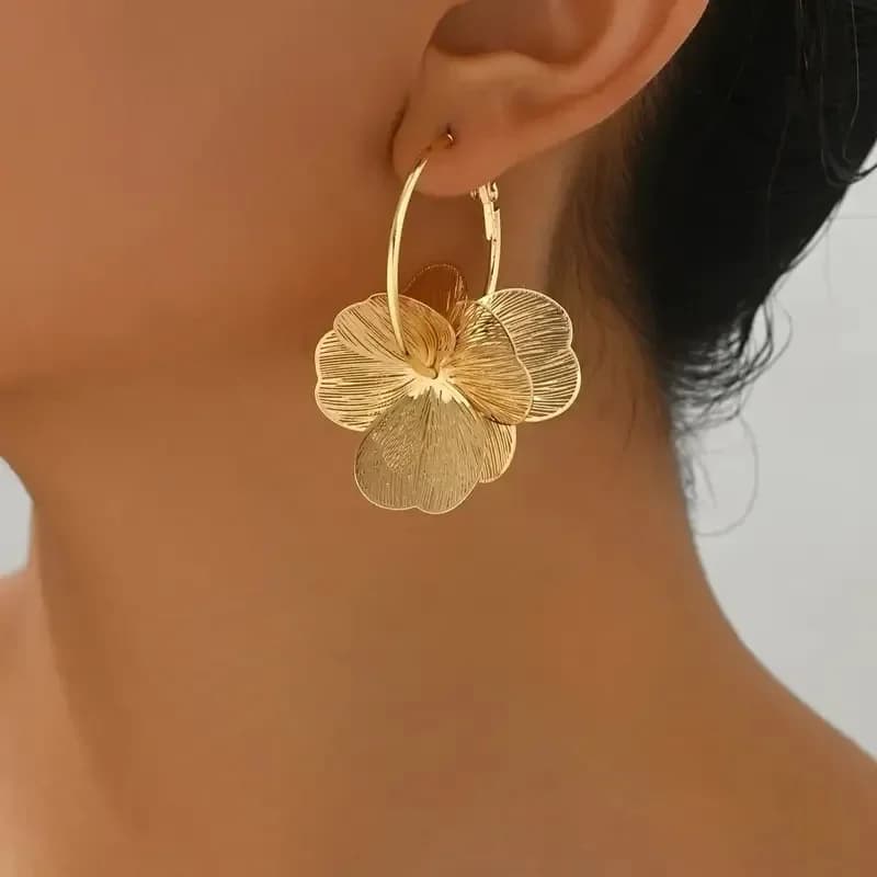 Boucles d'oreilles créoles Vintage dorées à fleurs creuses Double couche pour femmes