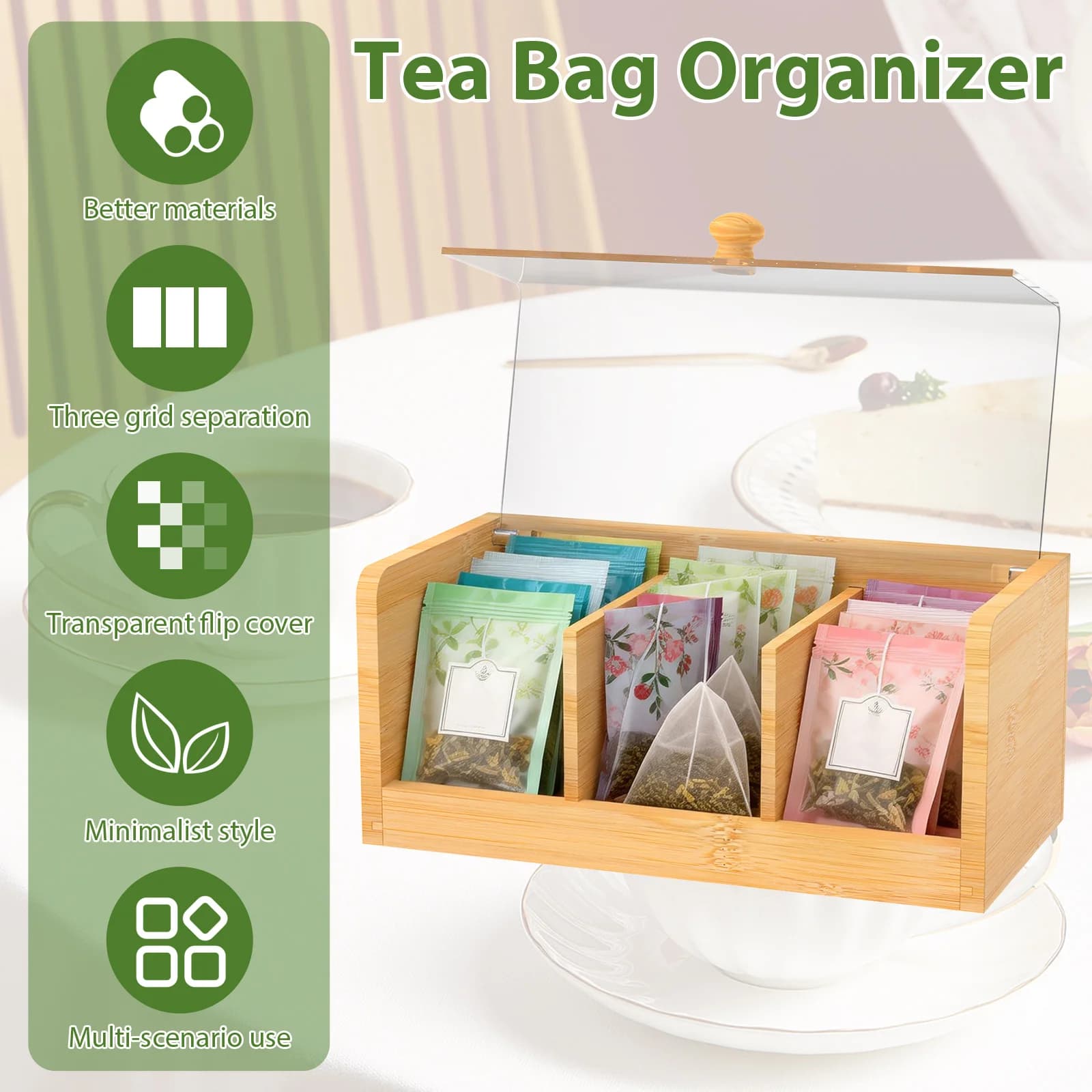 Boîte de rangement pour sachets de thé en bambou avec couvercle transparent, 3 compartiments, boîte multifonctionnelle pour café et thé, organisateur, conteneur à sucre