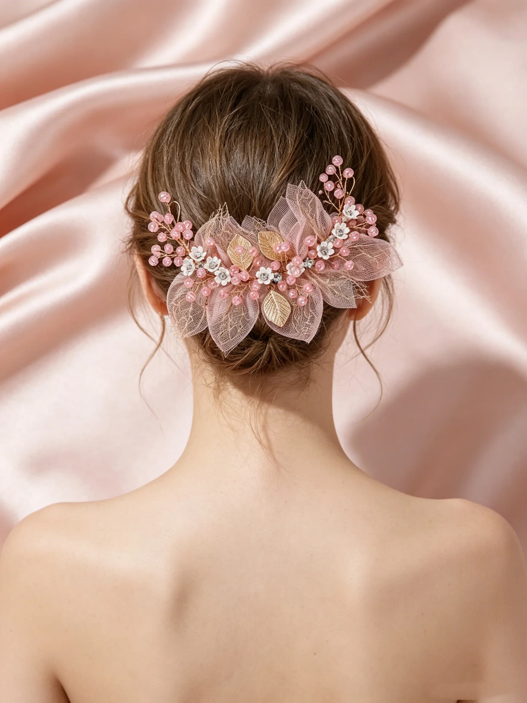 Serre-tête de mariée en perles, chaîne de cheveux, accessoire capillaire en tulle rose, serre-tête en perles pour filles, accessoire capillaire de performance