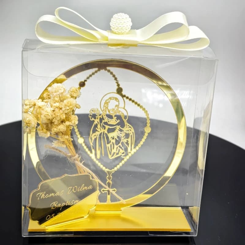 10 boîtes de cadeaux de baptême personnalisées avec Madone dorée, décoration de fleurs séchées, souvenir de baptême personnalisé pour cadeau de baby shower