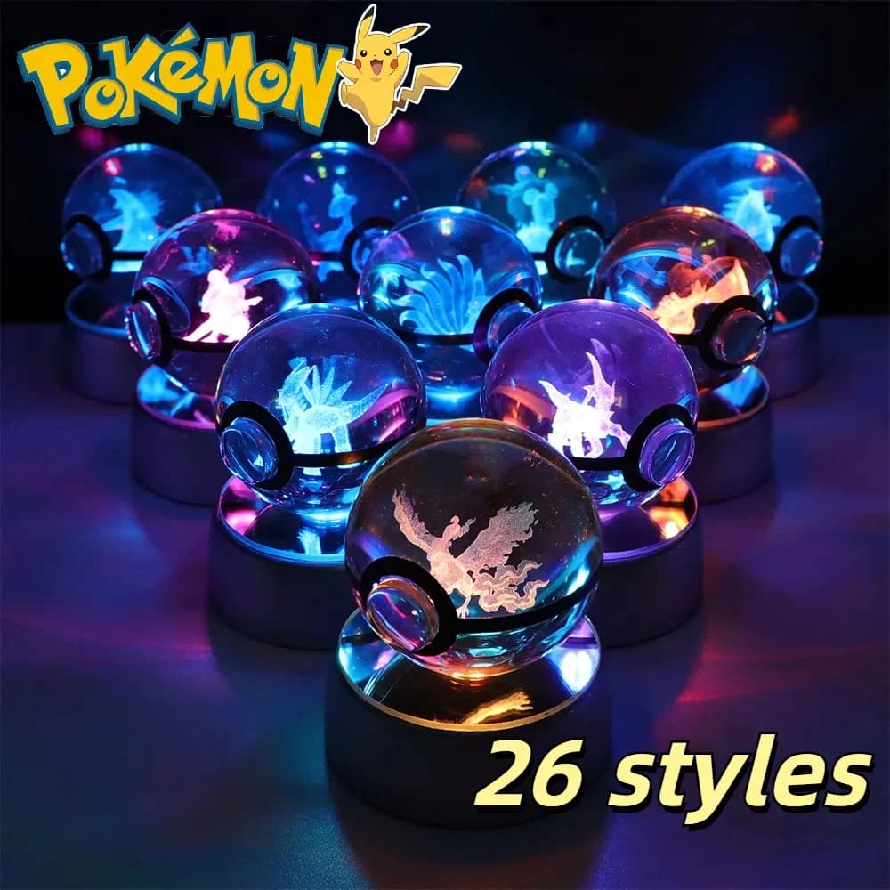 Boule de cristal Pokemon Pikachu Gengar Eevee Mewtwo Lacario, jeu d'anime Pokeball, Base de veilleuse Led, cadeau d'anniversaire pour enfants, décoration de maison