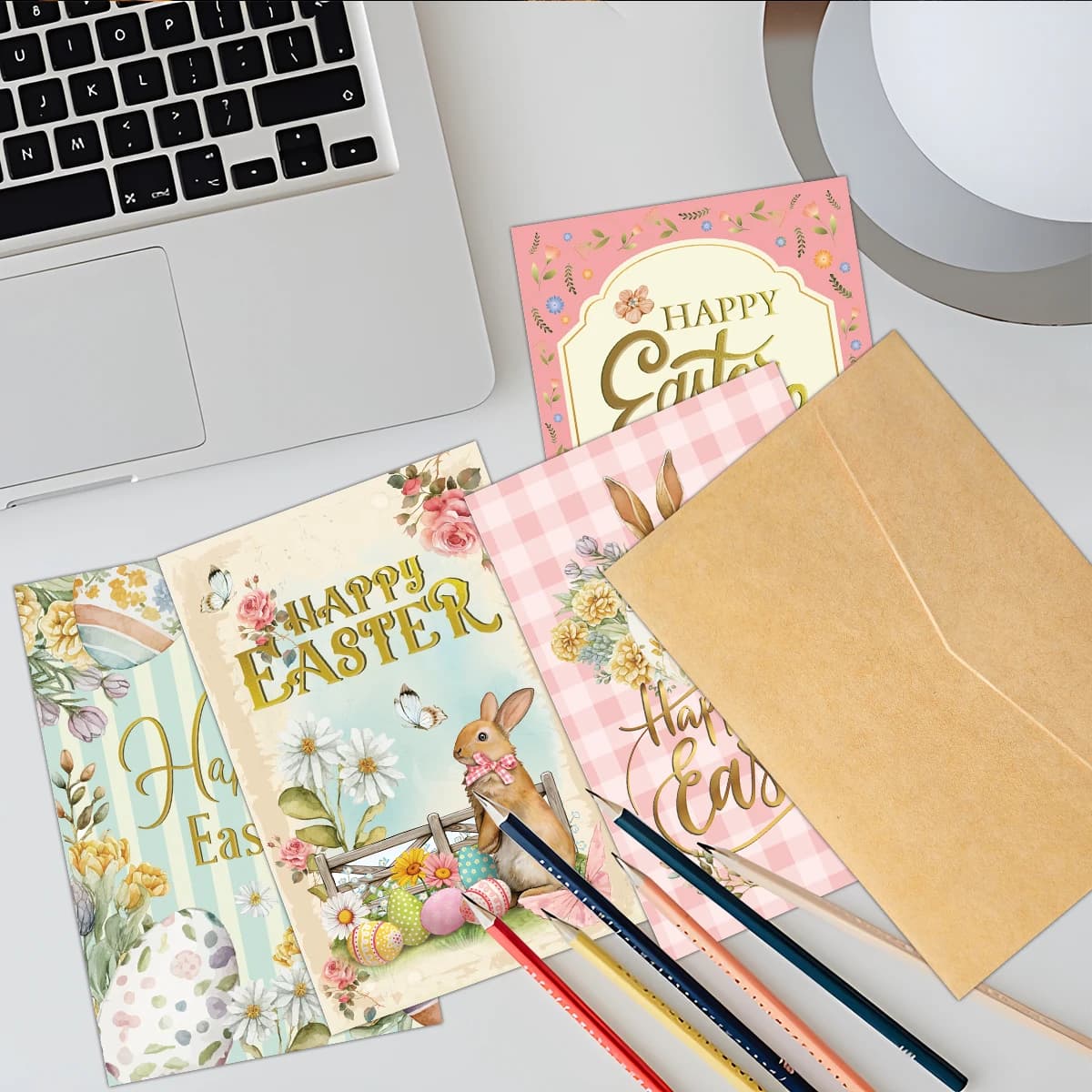 Cartes de vœux de pâques avec enveloppes, lapin mignon, conception d'œufs de pâques, échange de cadeaux de fête, décor de vacances, Collection de cartes de pâques, 6 pièces