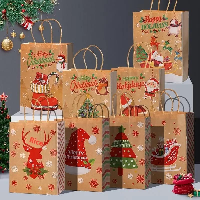 Paquet de 4 petits sacs cadeaux de noël, arbre de noël rouge, chapeau de père noël, sacs en papier Kraft portables, emballage cadeau de magasin de boulangerie de fête
