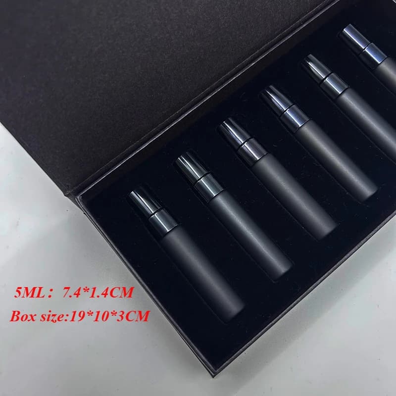 Bouteille de parfum noir mat de 5ml, avec boîte d'emballage, atomiseur, boîte de bouteille de parfum vide pour bouteilles de pulvérisation, ensembles de découverte, vente en gros