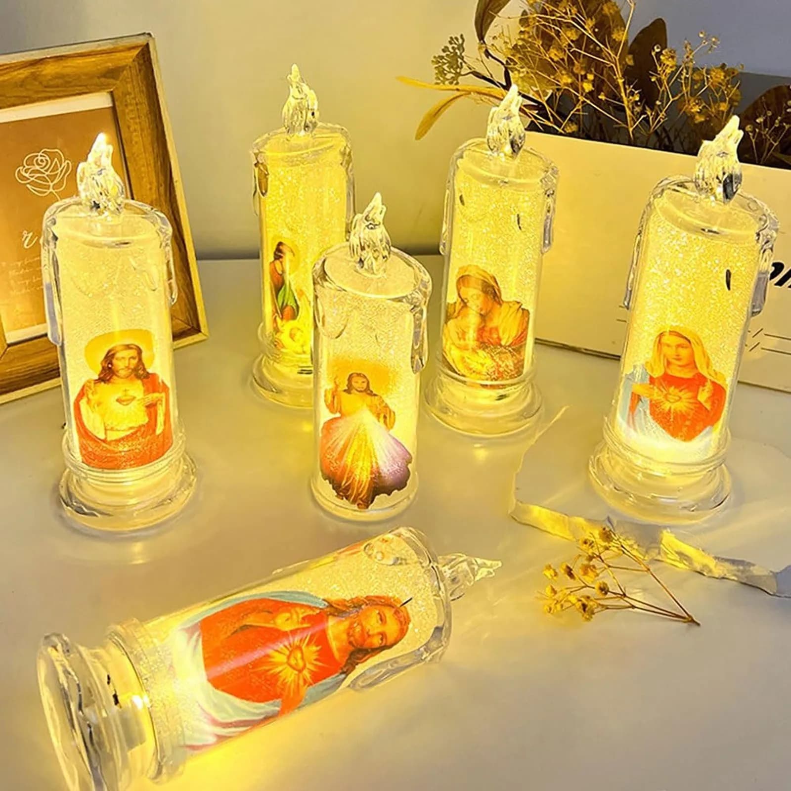 Jésus catholique chrétien cérémonie religieuse vierge électronique sans flamme LED bougies de prière dévotion lumière décoration religieuse