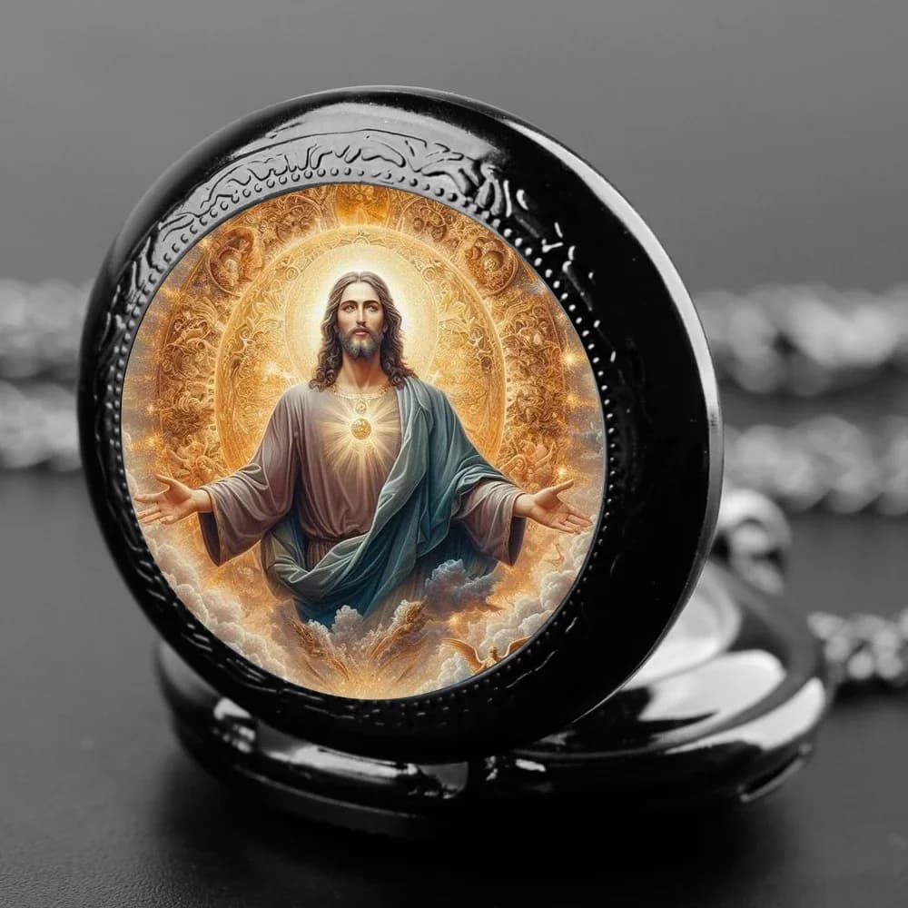 [Faith religieux] Montre de poche avec pendentif Jésus, dôme en verre, chaîne Souvenir, horloge, chiffres arabes, cadeau de personnalité pour femmes et hommes