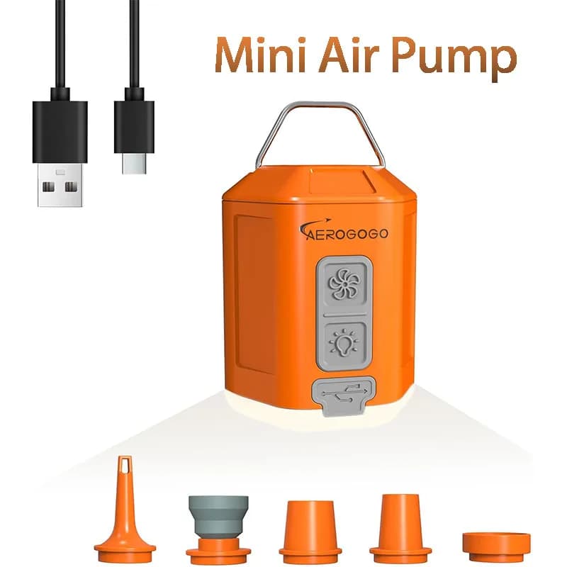 Mini pompe à air orange portable, pompe à air 4,2 kPa pour articles gonflables, rechargeable, avec lumière de camping, pompe ultra puissante pour matelas pneumatique