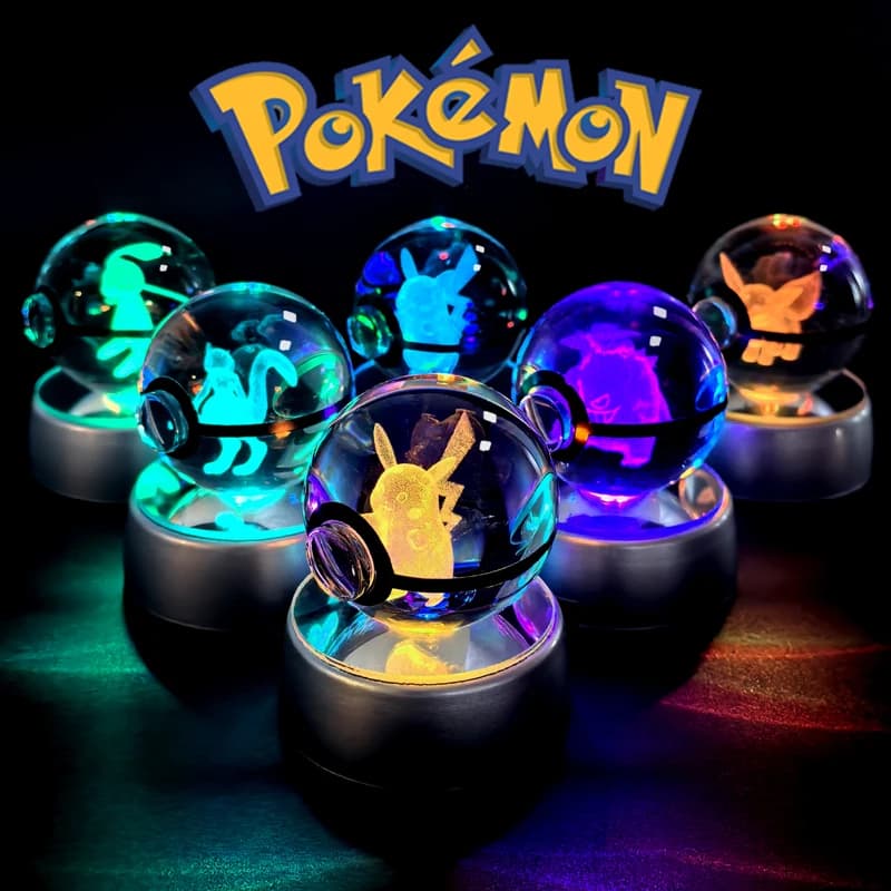 Boule de cristal Pokemon 3D Pikachu Mewtwo Mew Gengar, Base de lampe veilleuse, boule de verre Pokeball, cadeau d'anniversaire