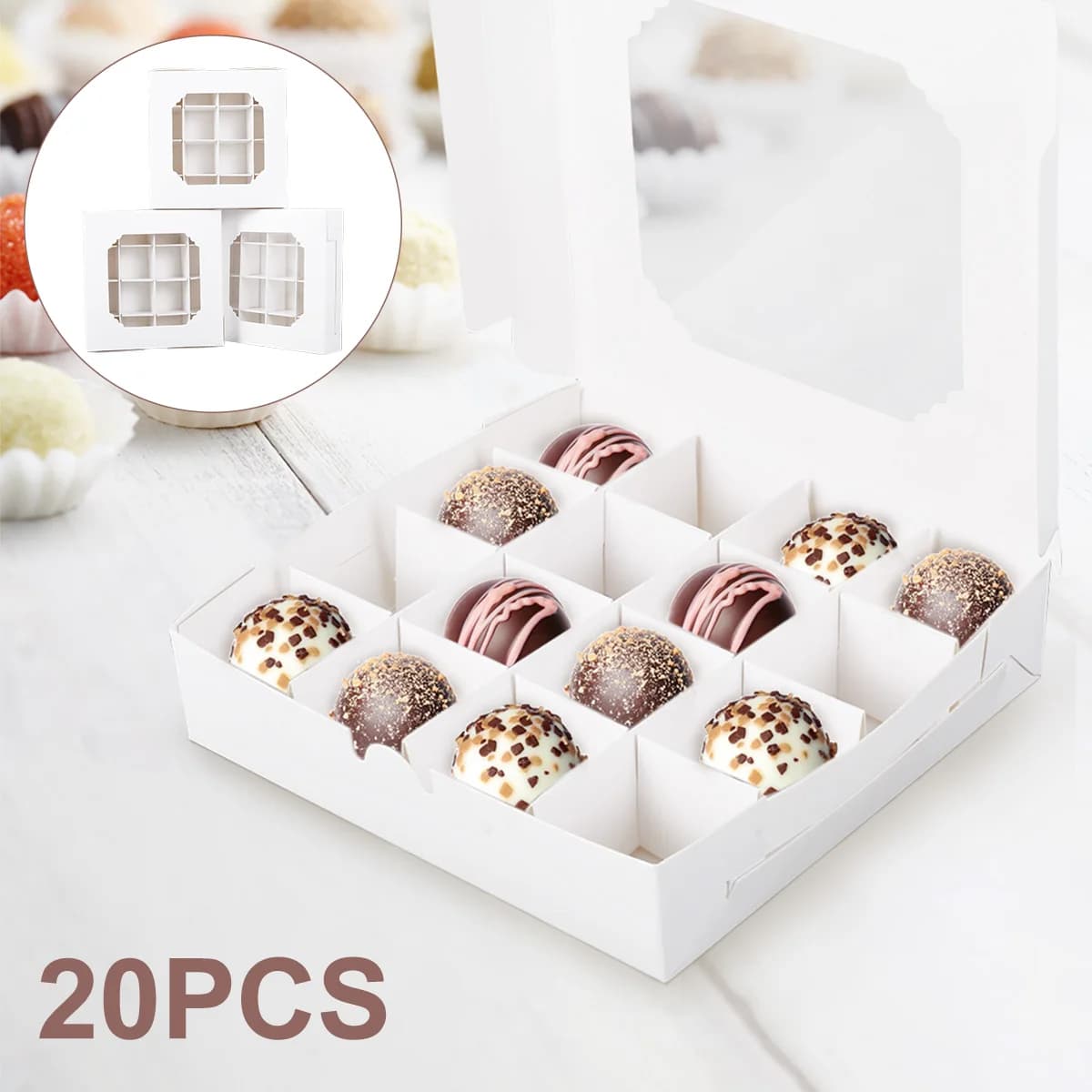 Boîtes à bonbons blanches vides avec Inserts, fenêtre transparente et séparateur pour chocolat sucré, boîtes à 16 compartiments, 20/40 pièces