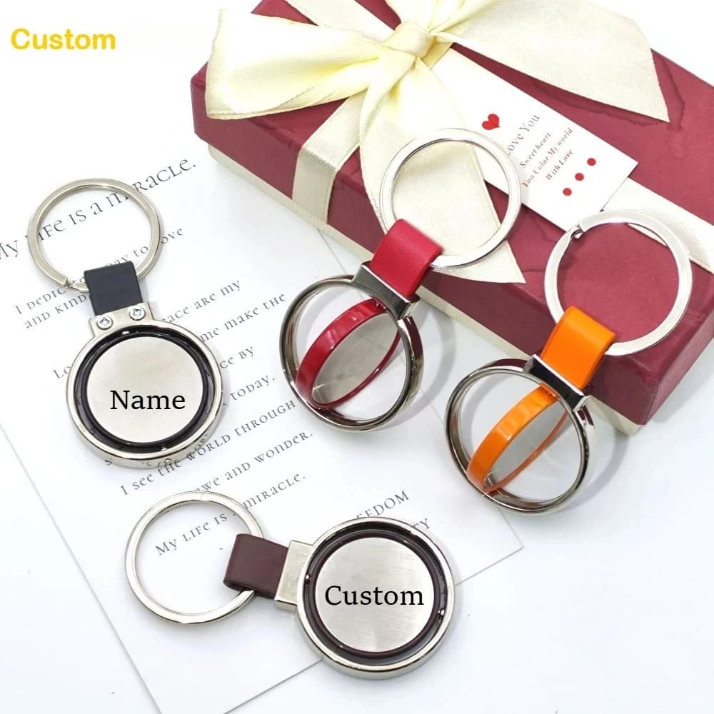 Porte-clés personnalisable en cuir avec pendentif, petit cadeau, accessoires à boucle métallique, porte-clés rotatif en cuir avec logo