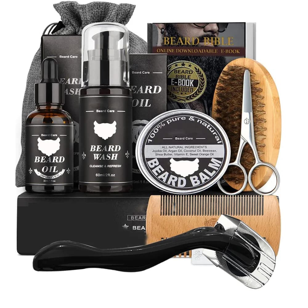 Ensemble complet de soins de barbe pour hommes, peigne à barbe, baume, peigne Double face avec rouleau, liquide de croissance de barbe, 5/7/8 pièces