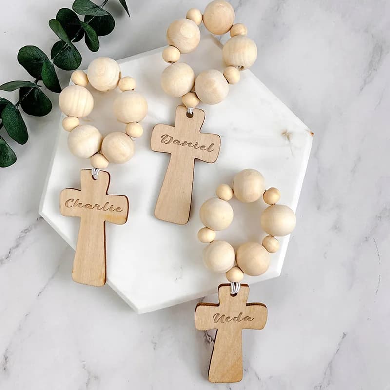 Chapelet croisé en bois avec nom personnalisé pour garçon et fille, 1ère première communion, baptême, mariage rustique, cadeau de remerciement