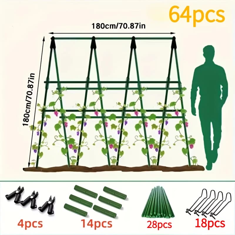 Un total de 64 accessoires pour supports de jardin (28 poteaux + 14 tuyaux de connexion + 18 boucles à ressort + 4 fourches en A) pour support de plantes et de fleurs H0983-57