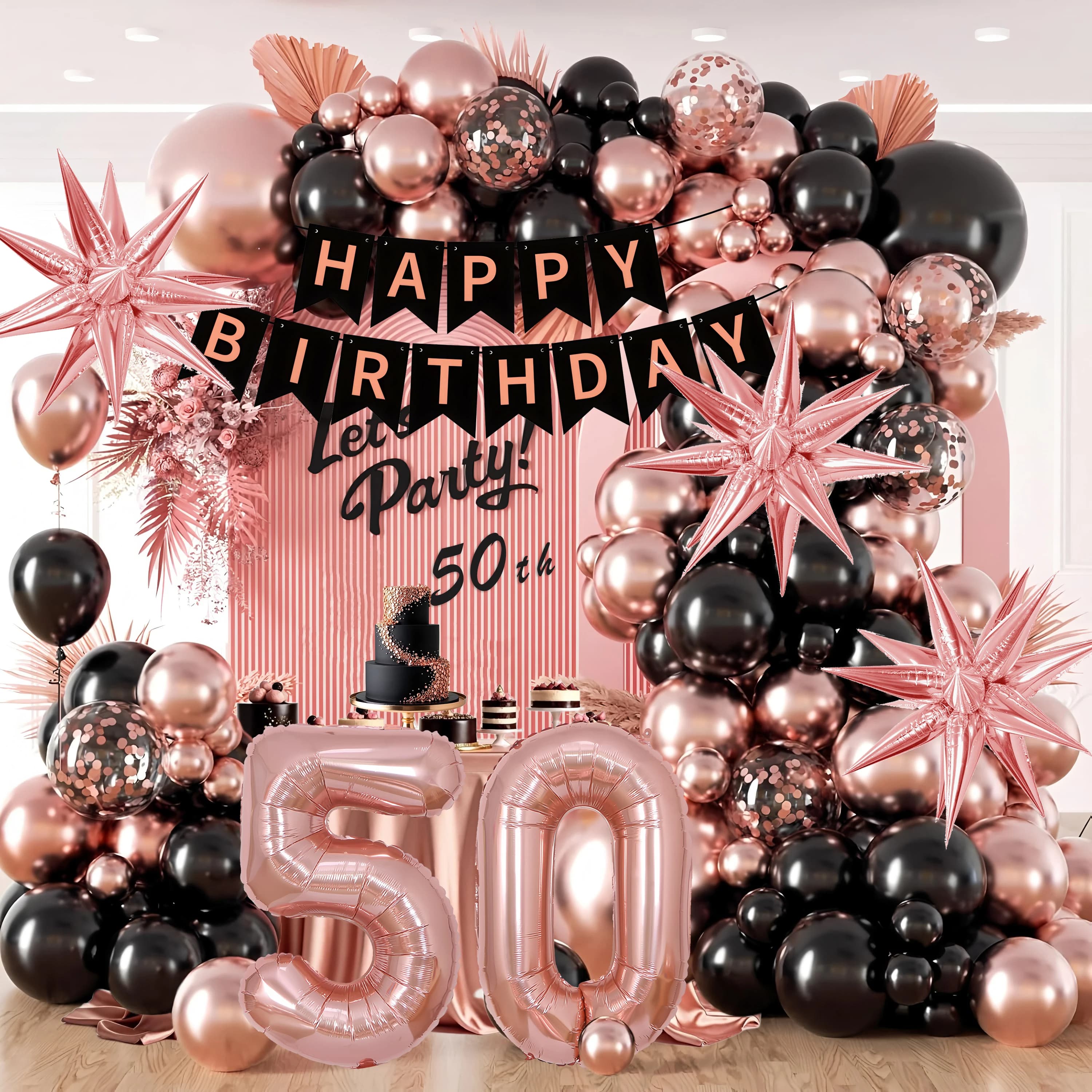 Décorations d'anniversaire en or rose pour femmes – Cadeaux de fête 40e/50e/60e/70e, cadeaux de ballons noirs et roses pour filles