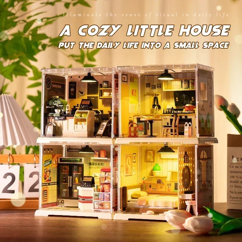 Miniature de maison de poupée DIY : Chambre, cuisine, café d'angle - Modèle miniature pour cadeau d'anniversaire familial