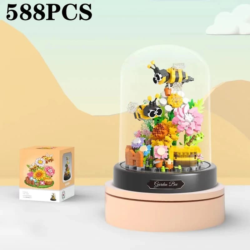 Ensemble de briques de construction Modèle de fleurs, insectes, abeilles et papillons en pot, avec couvercle anti-poussière, décoration de bureau, jouet DIY, cadeau de vacances