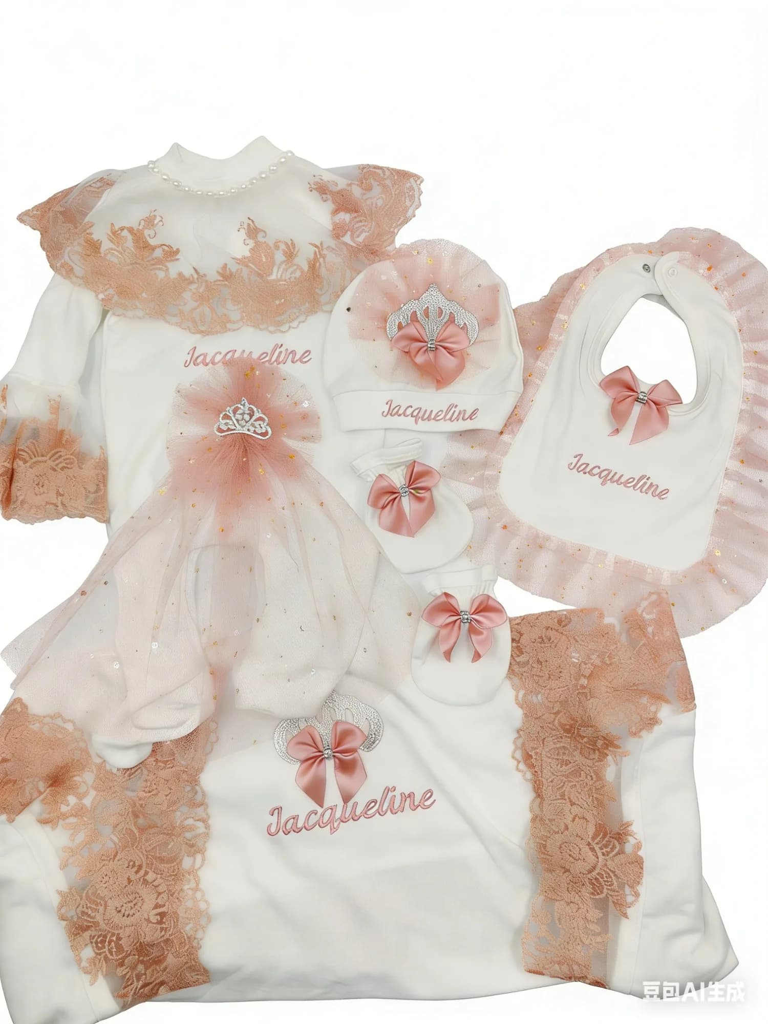 Coffret cadeau princesse Jacqueline pour bébé fille – Tenue complète, chapeau, bavoir avec couronne en dentelle brodée pour baptême