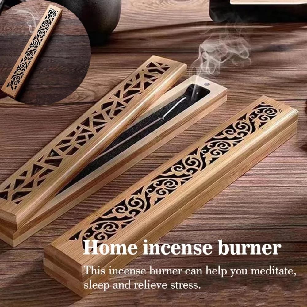 Brûleur d'encens en bambou naturel avec plaque de pose, boîte en bois d'aromathérapie pour le stockage d'encens, boîte à encens à ligne évidée brûlante