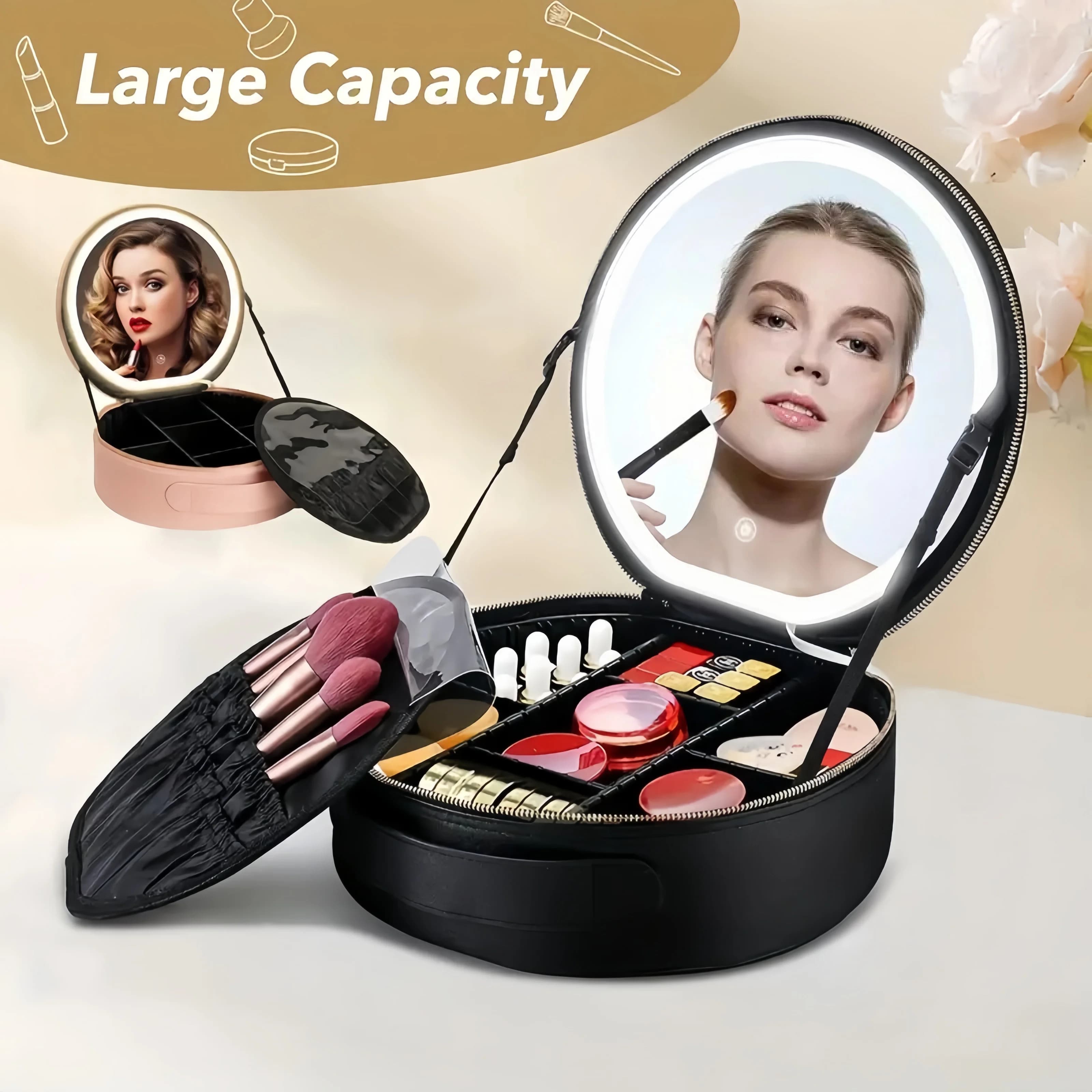 Trousse à cosmétiques de voyage avec miroir de maquillage LED réglable et séparateurs, idée cadeau de Saint-Valentin pour elle