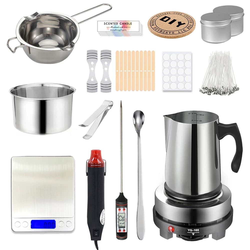 1 ensemble Kit de fabrication de bougies, Pot verseur, fournitures de fabrication de bougies, Kit d'outils, bougies de cire faites à la main avec plaque chauffante de fusion de cire