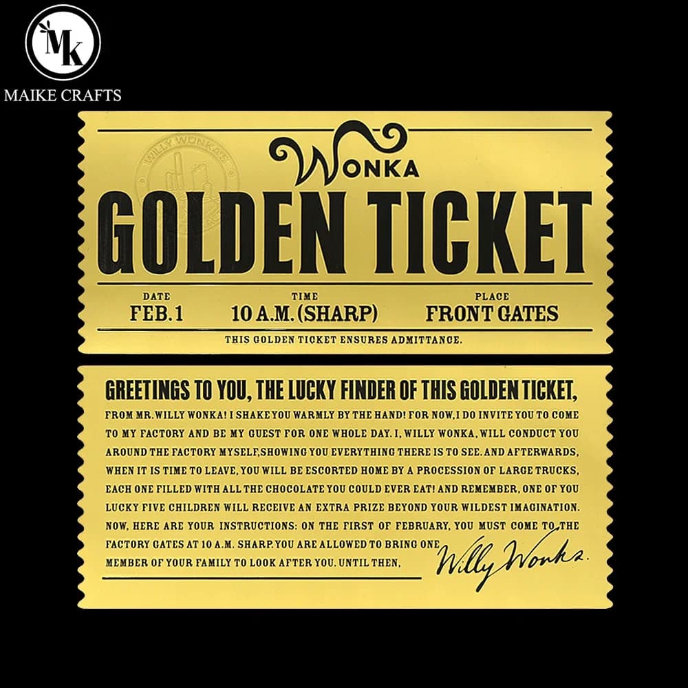 Wonka – billet doré, usine de chocolat, feuille d'or, carte en plastique, Collection d'art, cadeau commémoratif