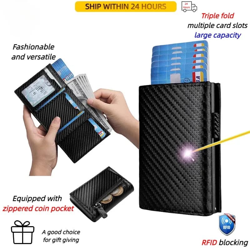 Porte-cartes en cuir véritable à trois volets pour hommes, multi-styles, nom personnalisé, portefeuille de Protection magnétique RFID en Fiber de carbone, portefeuilles en alliage ﻿