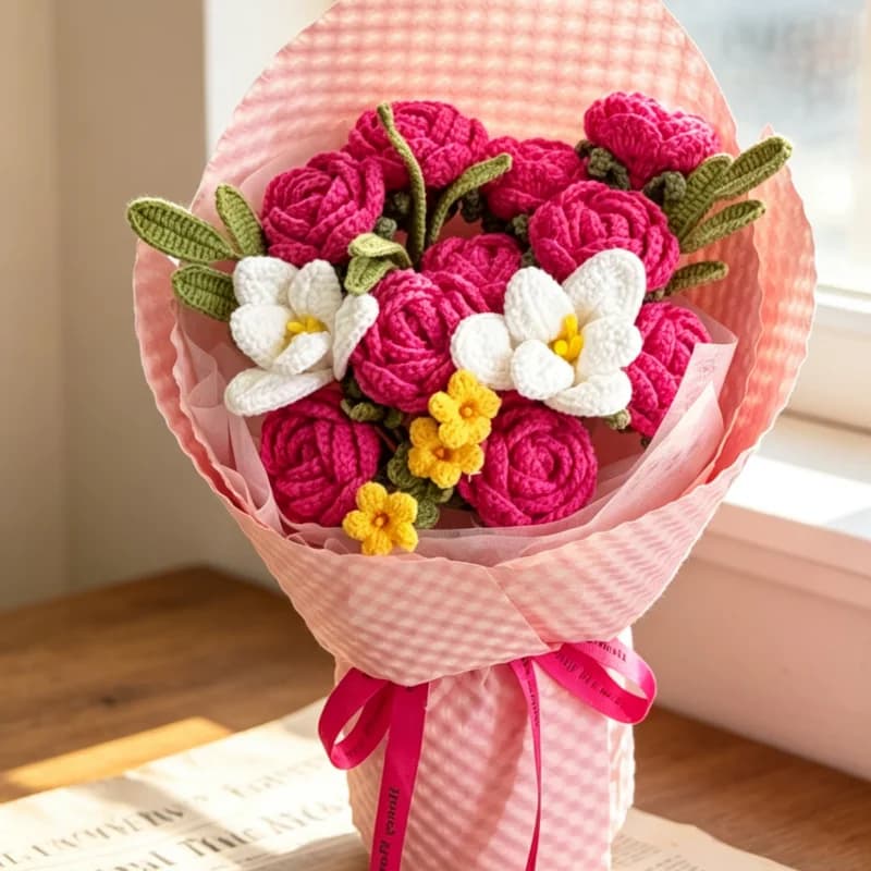 Bouquet floral en crochet de roses exquises, fait main et créatif - un cadeau floral intemporel pour la Saint-Valentin ou la Fête des Mères.
