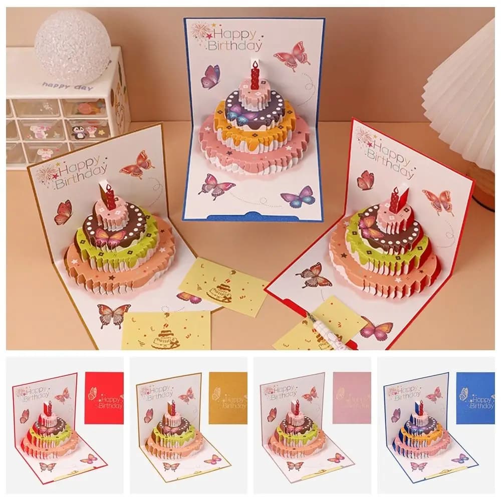 Cadeaux 3D joyeux anniversaire carte de voeux Pop Up chaud gâteau d'anniversaire Message carte bénédiction dessin animé pli cartes postales famille
