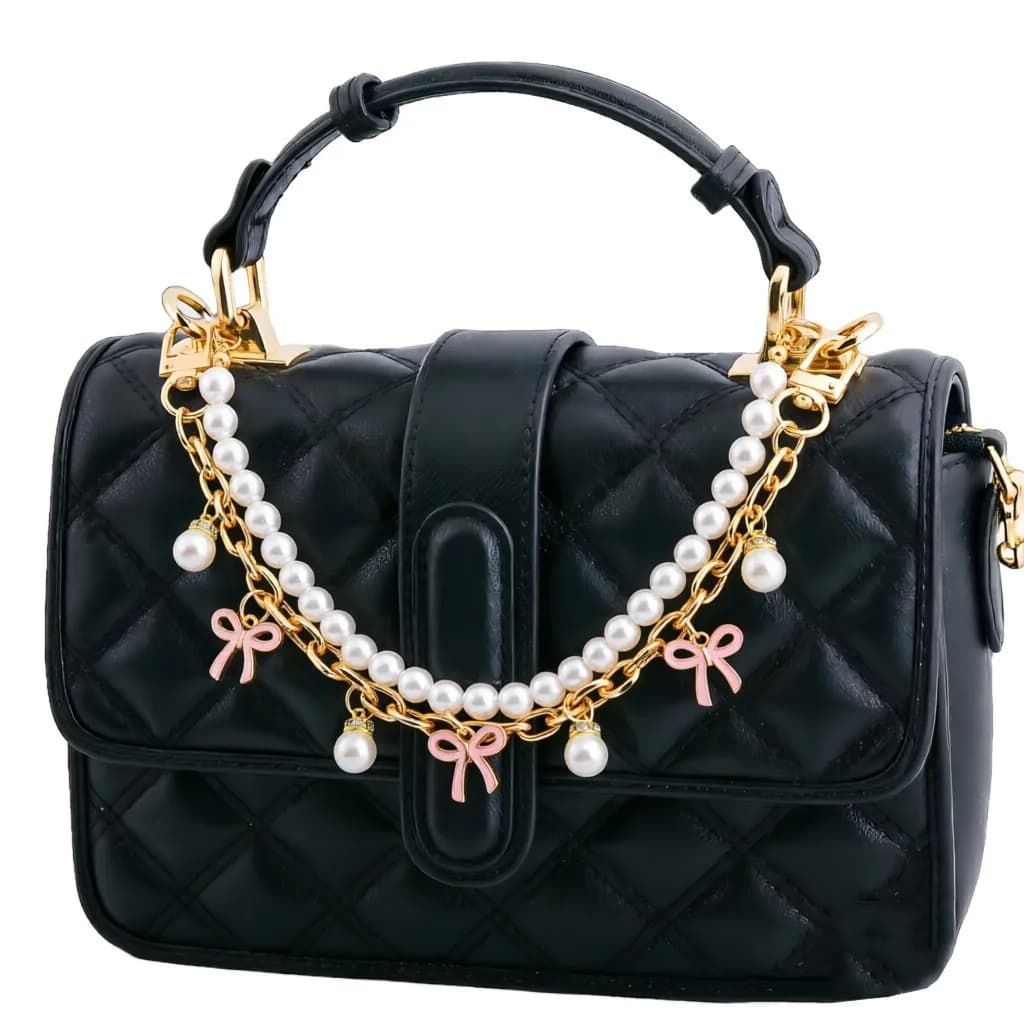 Chaîne de sac à main rose à double couche avec nœud et perles, sangle dorée pour sac, accessoire décoratif mignon et élégant pour femmes