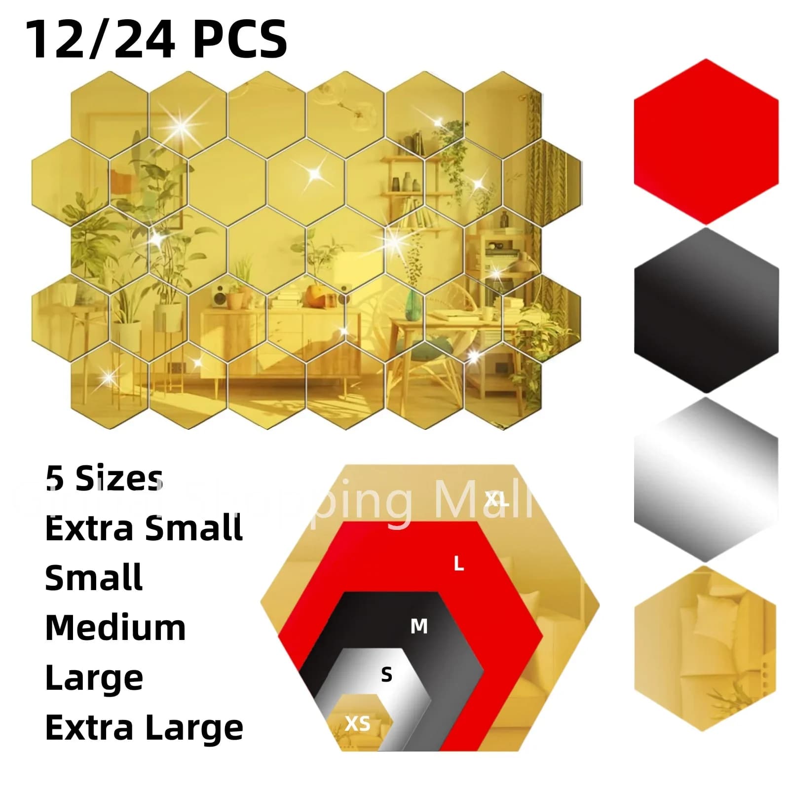 Autocollant mural miroir hexagonal, 5 tailles XS à XL, feuille murale hexagonale en acrylique, carreaux en plastique pour décoration d'appartement, décor de pièce esthétique