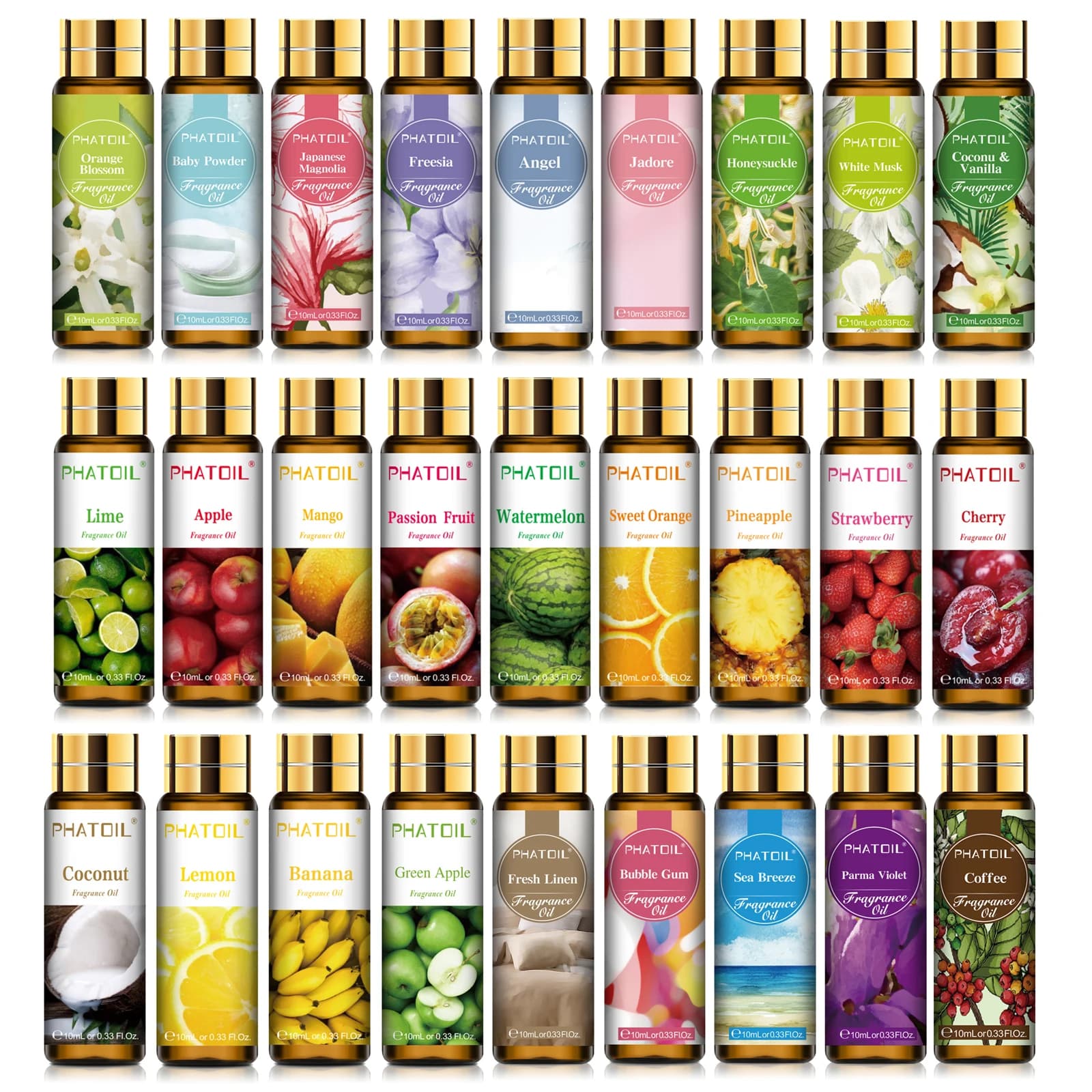 PHATOIL – huile parfumée d'aromathérapie, 10ml, pour la fabrication de bougies, diffuseur, noix de coco et vanille, cerise, fraise, musc blanc, huiles aromatiques
