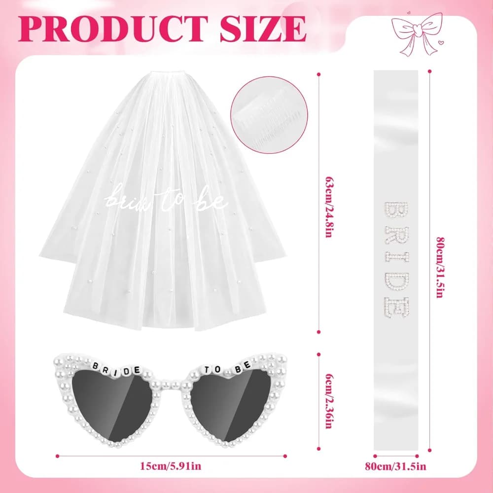 Ensemble d'accessoires pour future mariée avec voile, ceinture et lunettes de soleil – Idéal pour enterrement de vie de jeune fille, douche nuptiale, fiançailles, plage, lune de miel, accessoires phot