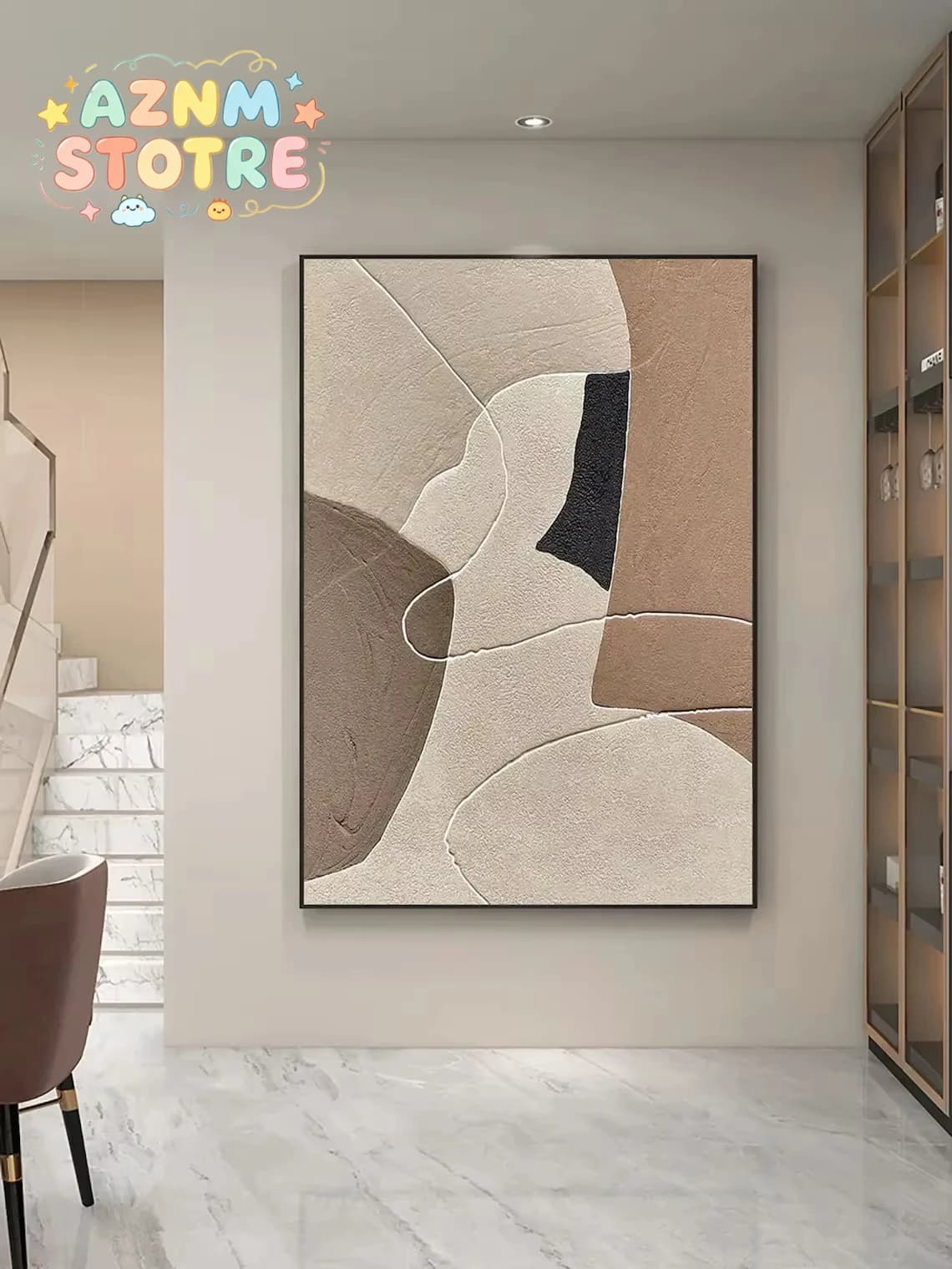 Grande peinture artisanale originale beige et marron, peinture abstraite texturée beige, art mural sur toile pour salon