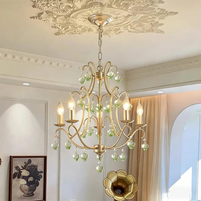Lustres à bougies vintage français avec pendentifs en cristal transparent/marron/vert, lampe suspendue de luxe en fer argenté pour salle à manger et chambre à coucher