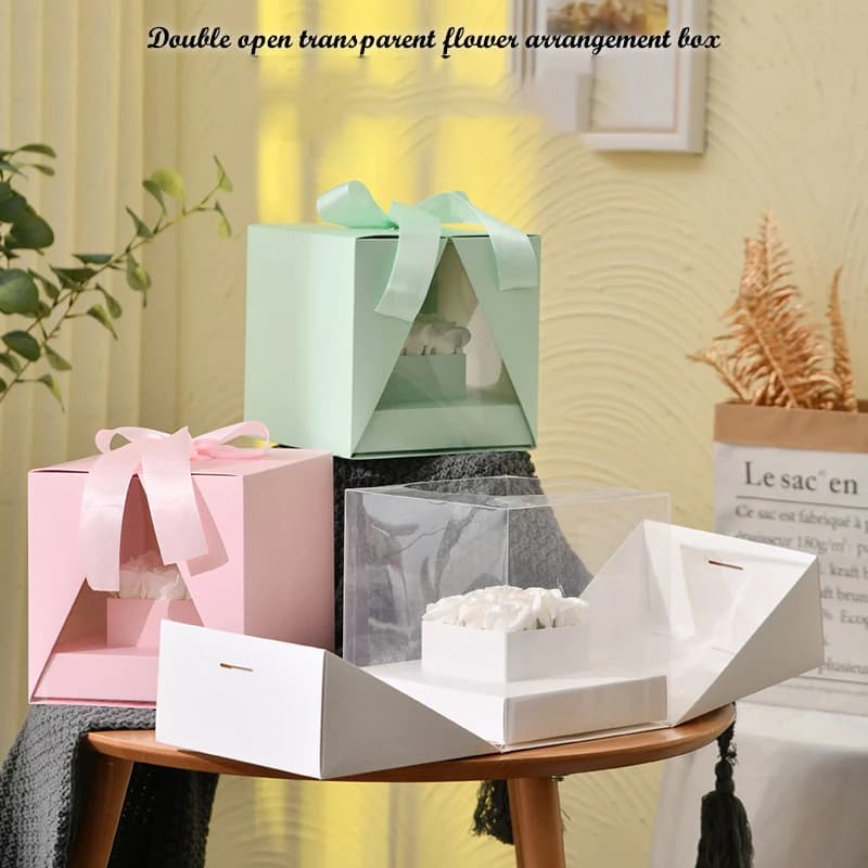 Boîte-cadeau d'emballage en carton avec support inférieur, boîte à gâteaux de fête de mariage, boîte d'arrangement de fleurs Portable en PET de noël 5 pièces