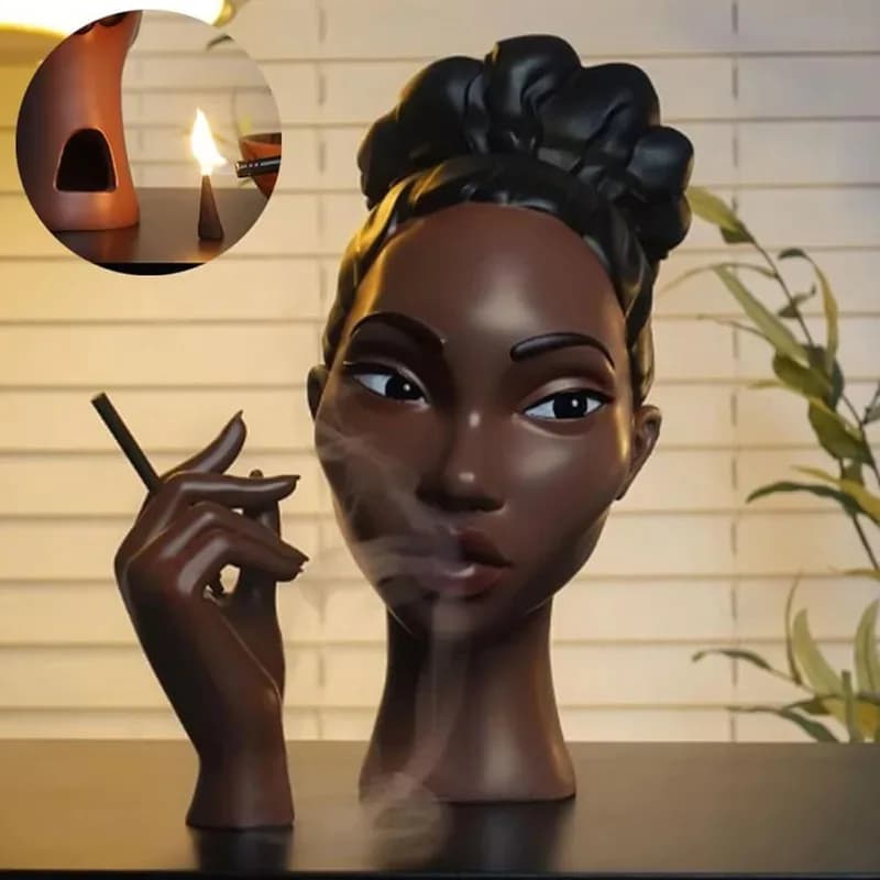 Brûleur d'encens tête de femme noire-support d'encens à flux d'air artistique, Statue décorative pour aromathérapie