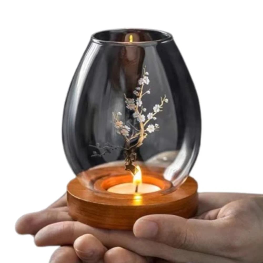 Bougeoirs en verre avec couvercle en forme de tasse, ronds, avec base en bois, bougeoirs transparents, style européen, décoration de table, ornements