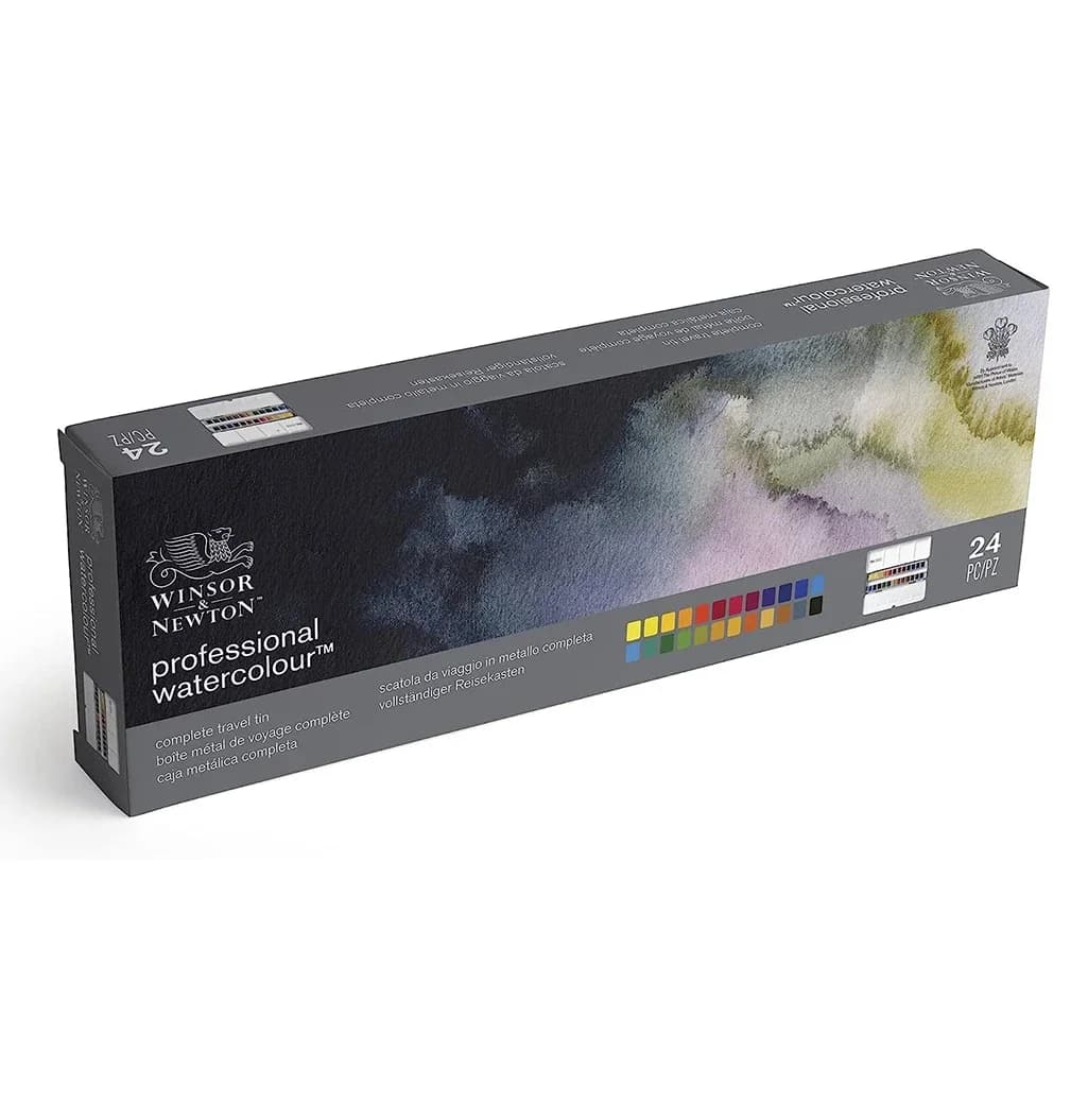 Winsor & Newton-Boîte métallique légère, 24 demi-casseroles, ensemble de poche de terrain pour documents, artiste professionnel, palette d'interconnexion, brosse