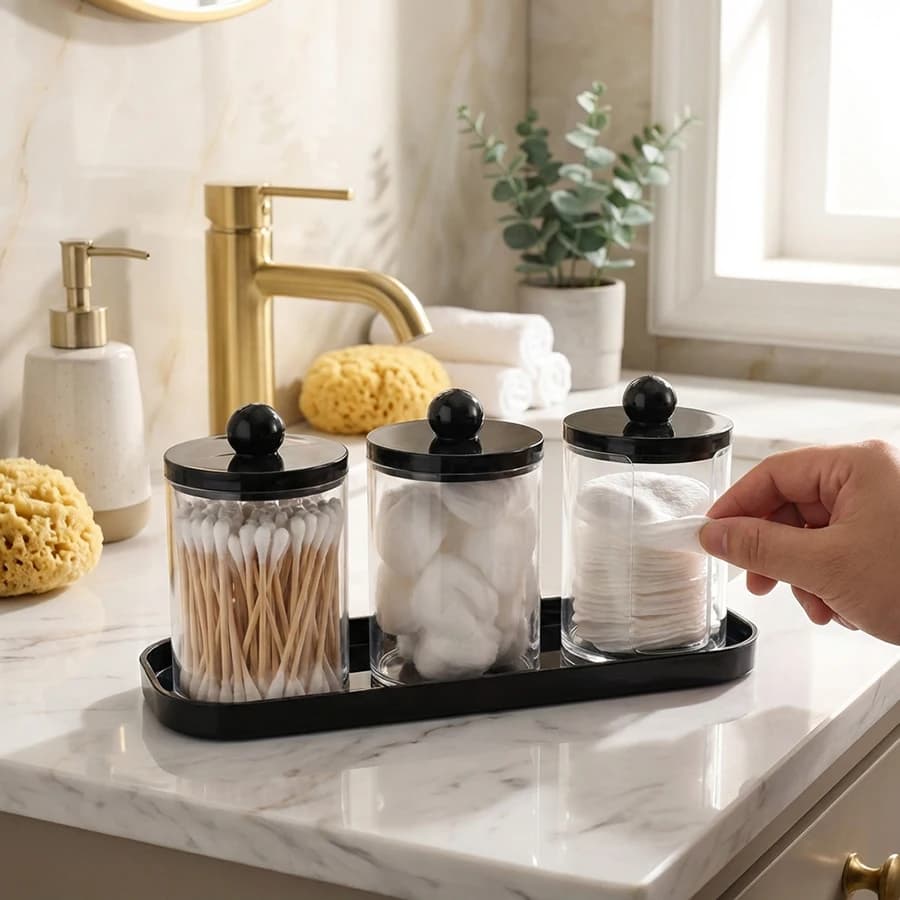Lot de 3 supports pour cotons-tiges pour salle de bain, avec plateau, pots de pharmacie, organisateurs et boîtes de rangement pour salle de bain
