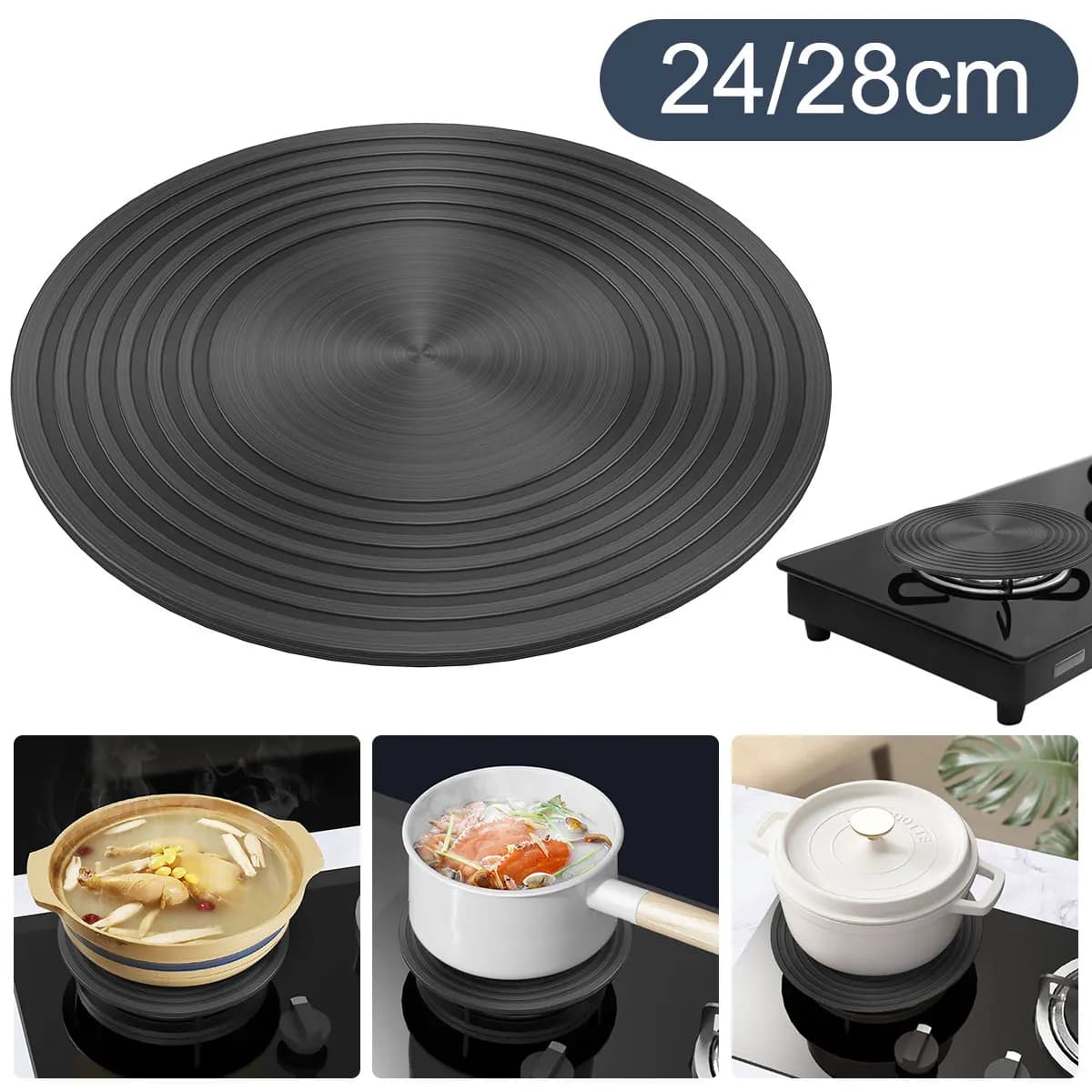 Plaque de Conduction de Chaleur en Acier Inoxydable pour Cuisinière à Gaz, Diffuseur Absorbant, Accessoire Globale, 24/28cm