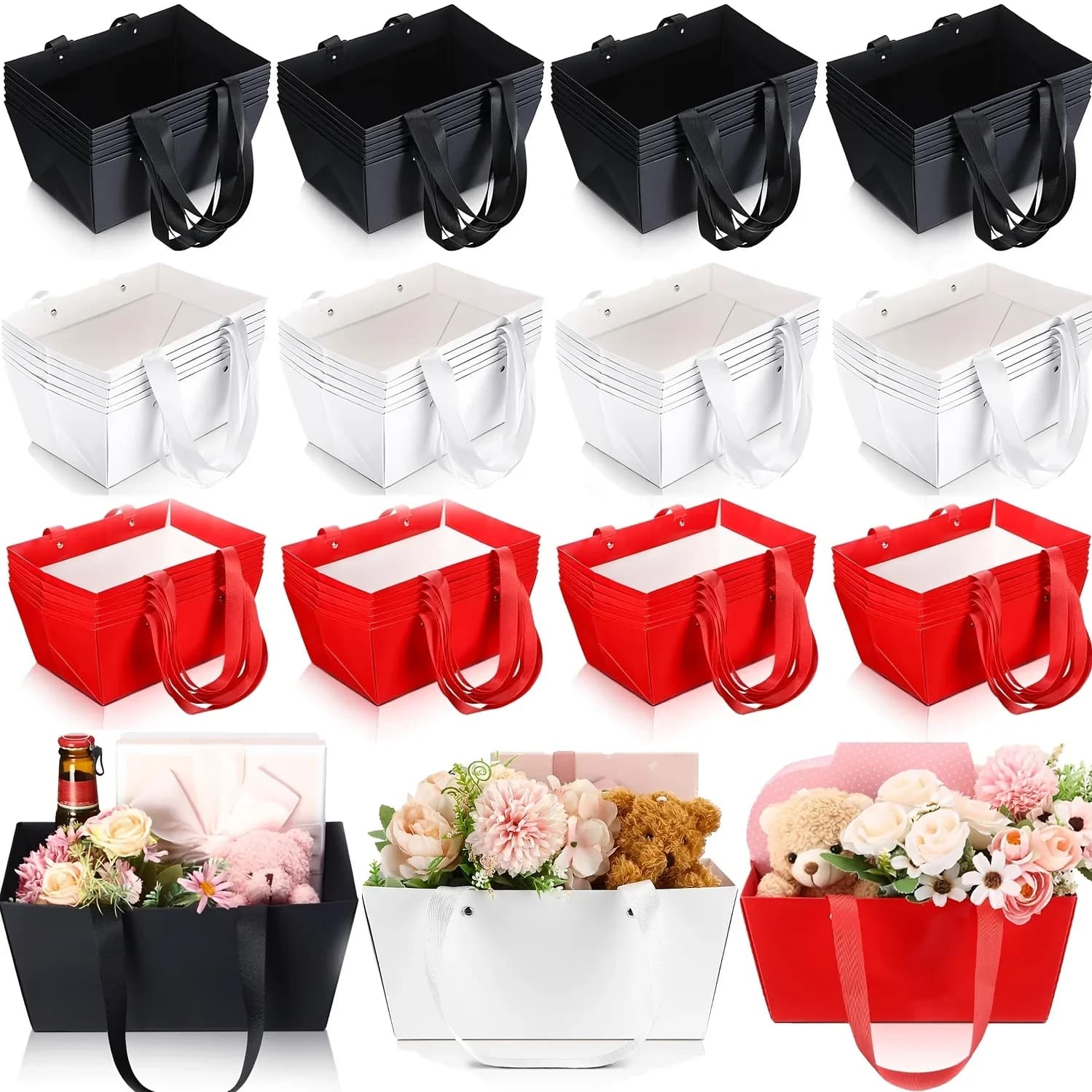 Lot de 5 paniers cadeaux vides avec poignées, kit de paniers cadeaux en carton kraft, boîtes cadeaux, sacs surprise pour fêtes
